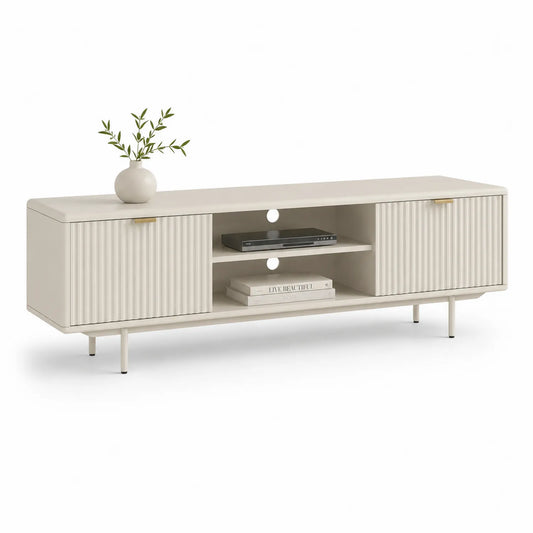 Szafka RTV 180 x 40 x 50 cm MDF ryflowane fronty beżowa biała złote detale prostokątna