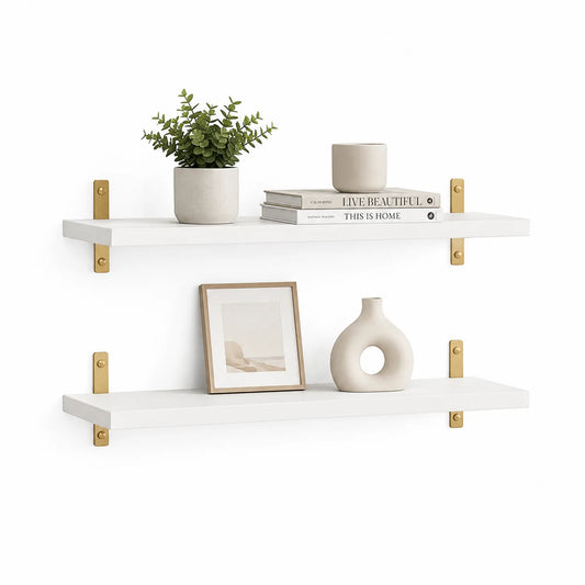 Półka ścienna 60 x 20 cm MDF biała zestaw 2 sztuki złote metalowe wsporniki