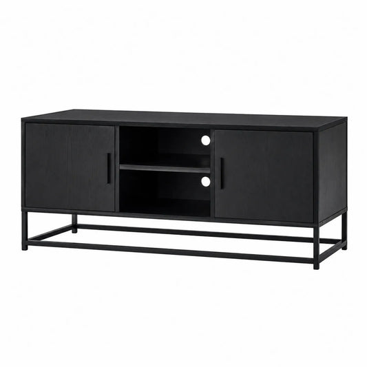 Szafka RTV prostokątna 180 x 40 x 50 cm z MDF czarna z 2 drzwiami metalową ramą i otwartą półką
