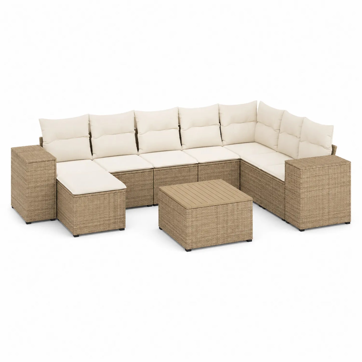 Zestaw mebli ogrodowych sofa narożna L z pufą i stolikiem kawowym 260 x 200 x 70 cm rattan PE beżowy naturalny modułowy
