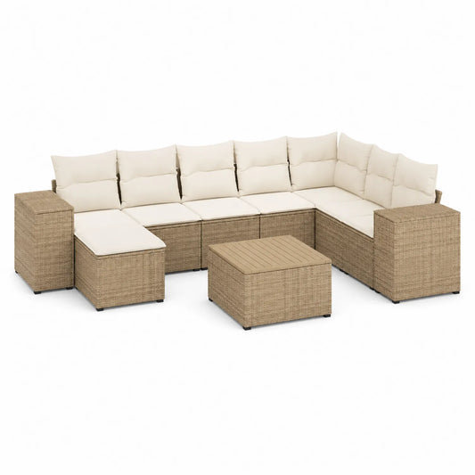 Zestaw mebli ogrodowych sofa narożna L z pufą i stolikiem kawowym 260 x 200 x 70 cm rattan PE beżowy naturalny modułowy