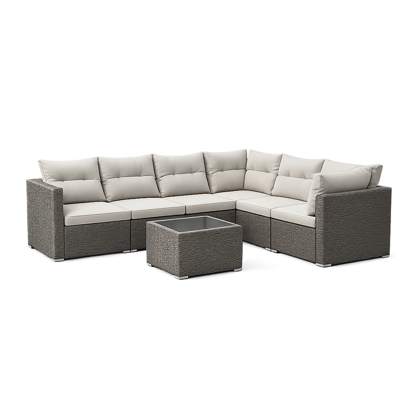 Zestaw mebli ogrodowych sofa narożna L 260 x 200 cm z technorattanu na konstrukcji aluminiowej ze stolikiem kwadratowym ze szklanym blatem szary beżowy