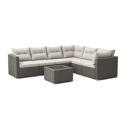 Zestaw mebli ogrodowych sofa narożna L 260 x 200 cm z technorattanu na konstrukcji aluminiowej ze stolikiem kwadratowym ze szklanym blatem szary beżowy