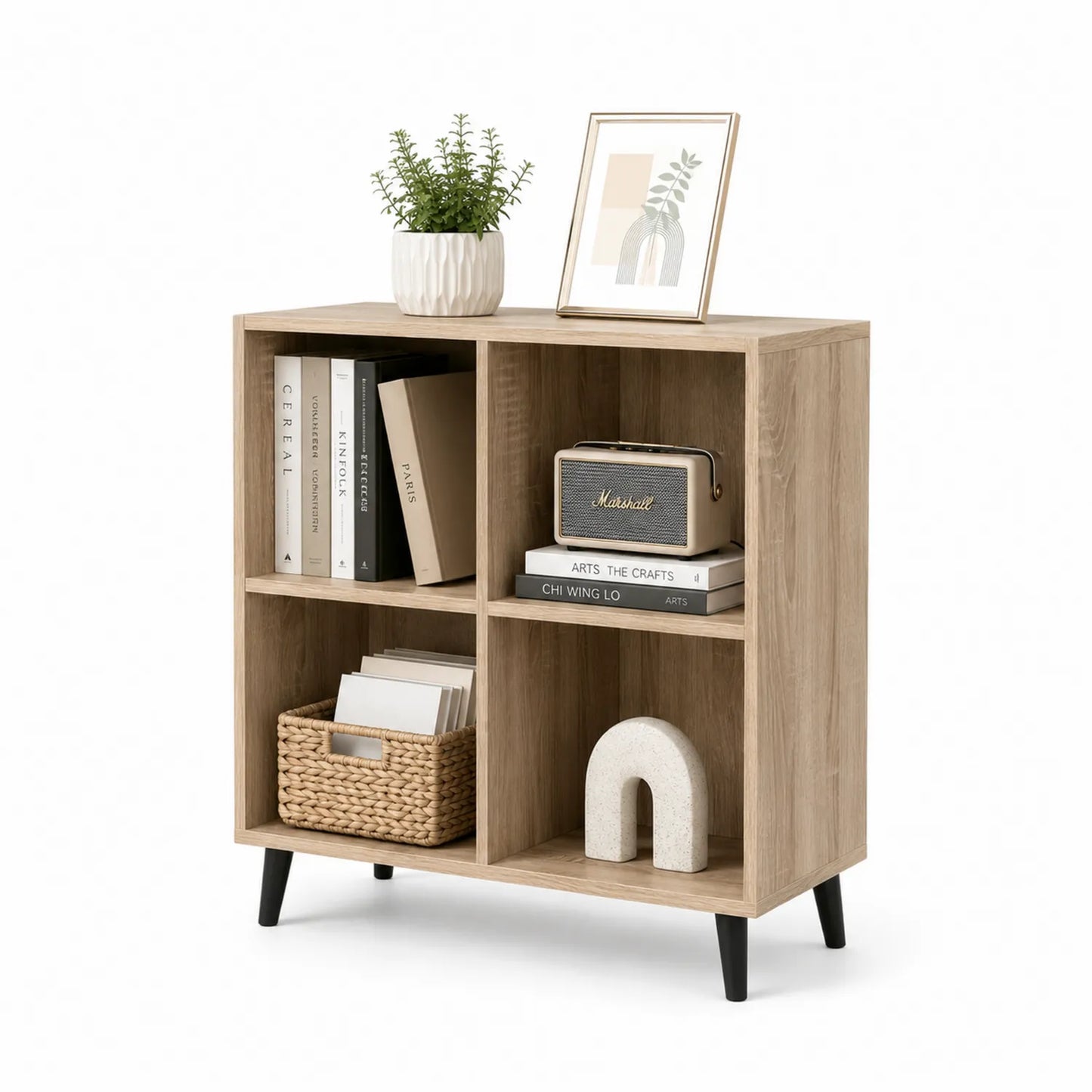 Regał 80 x 30 x 95 cm płyta wiórowa laminowana dąb jasny prostokątny czarne nogi 4 przegrody otwarte