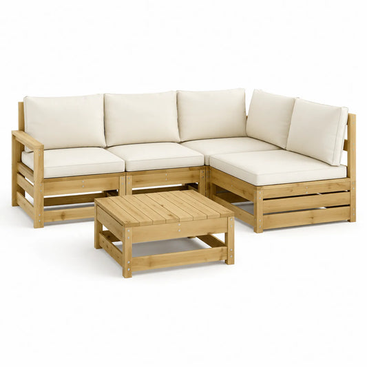 Zestaw mebli ogrodowych sofa narożna z stolikiem 200 x 150 x 70 cm drewno naturalne poduszki beżowe modułowy