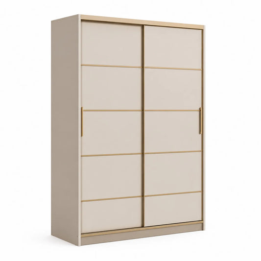 Szafa przesuwna 120 x 60 x 200 cm płyta wiórowa laminowana beżowa prostokątna drzwi przesuwne złote uchwyty 2 drzwi