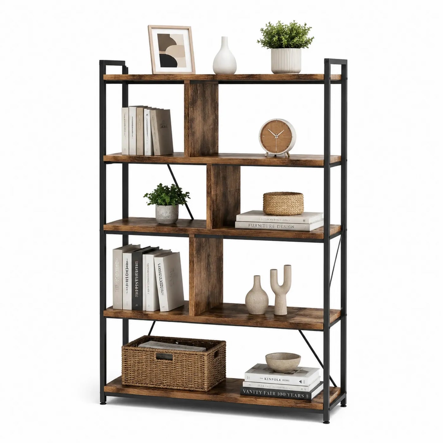 Regał 80 x 30 x 180 cm stal malowana MDF brązowy czarny industrialny 5 poziomów prostokątny