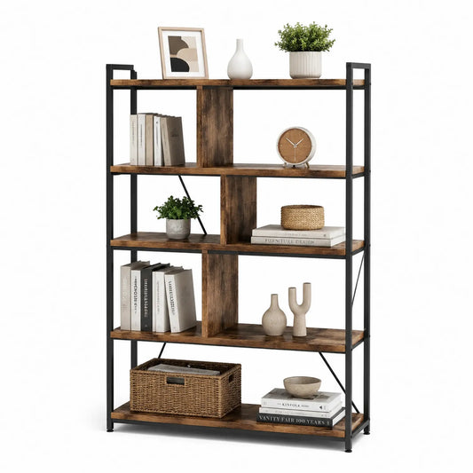 Regał 80 x 30 x 180 cm stal malowana MDF brązowy czarny industrialny 5 poziomów prostokątny