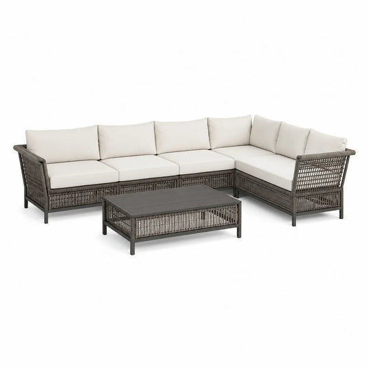 Zestaw mebli ogrodowych sofa narożna modułowa z rattan PE i stolikiem 220 x 160 x 75 cm szary beżowe poduszki