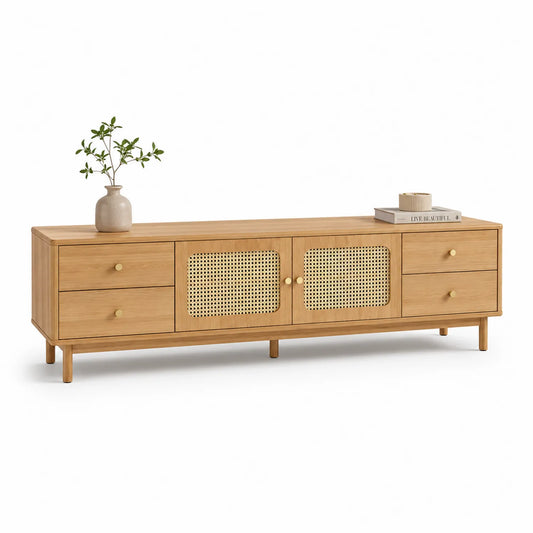 Szafka RTV 180 x 40 x 55 cm MDF dąb naturalny fronty rattanowe beżowe nogi drewniane złote uchwyty