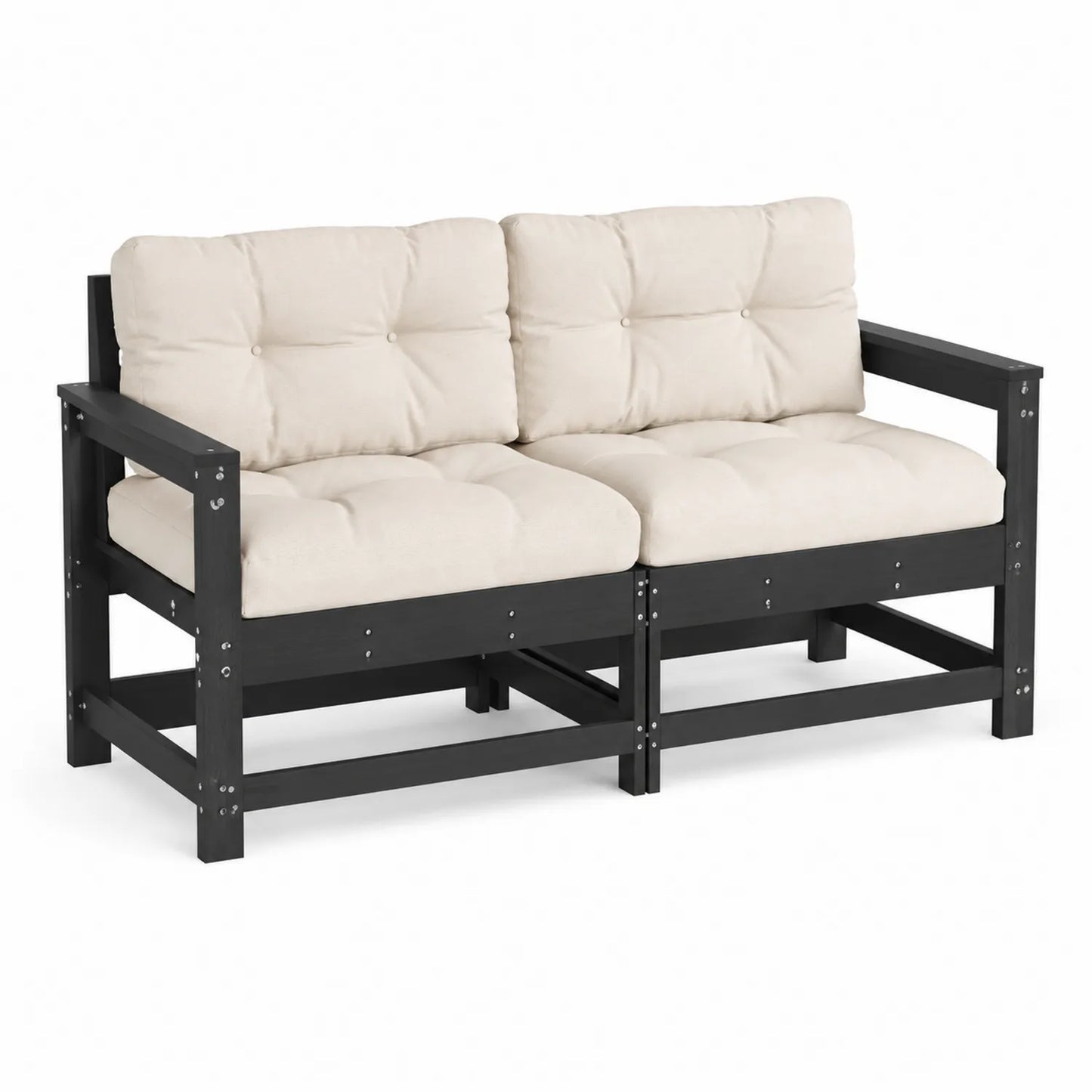 Sofa ogrodowa 2-osobowa 150 x 70 x 70 cm z drewna sosnowego z beżowymi poduszkami czarna beżowa