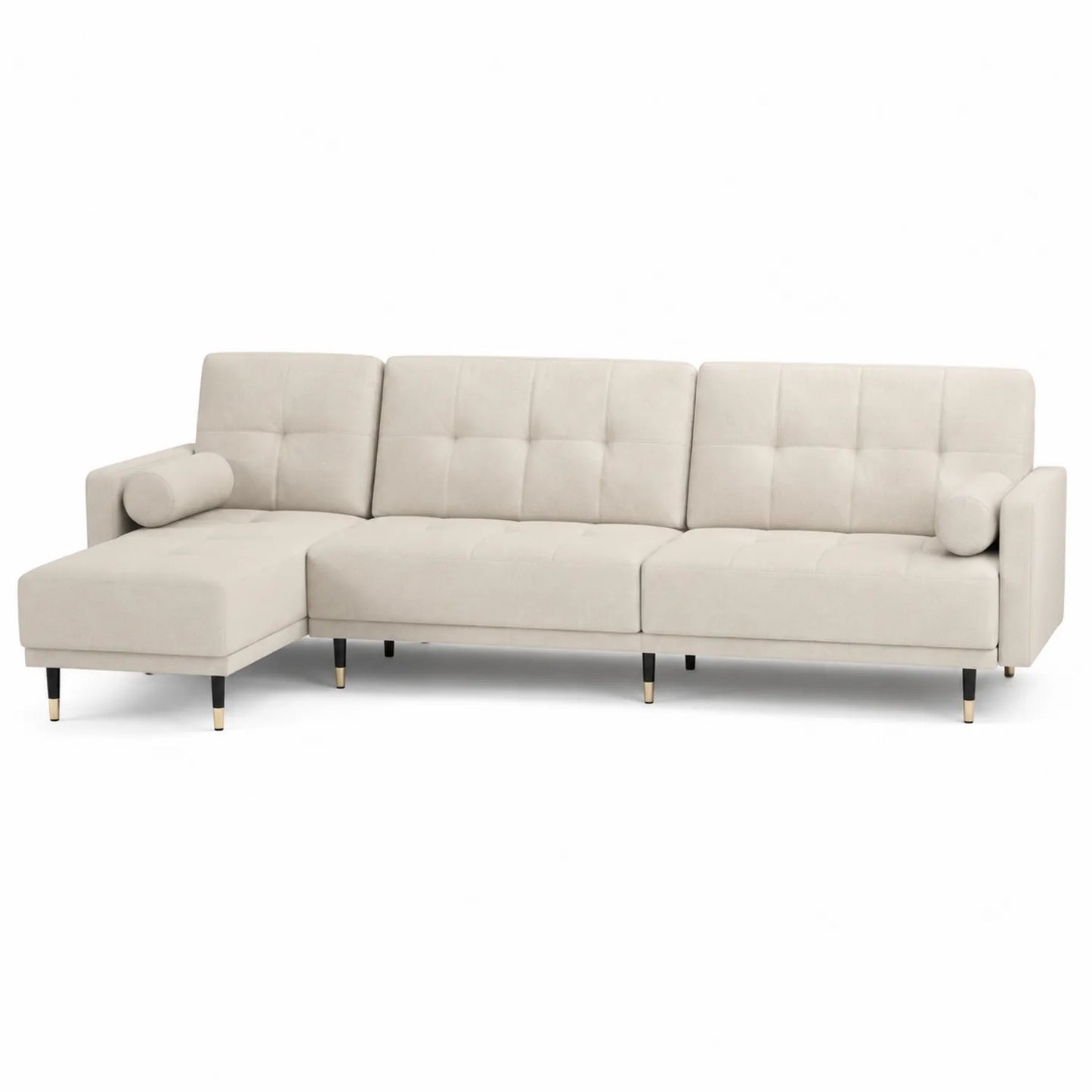 Sofa narożna z lewym szezlongiem 280 x 160 x 85 cm tkanina poliestrowa beżowa czarne metalowe nogi