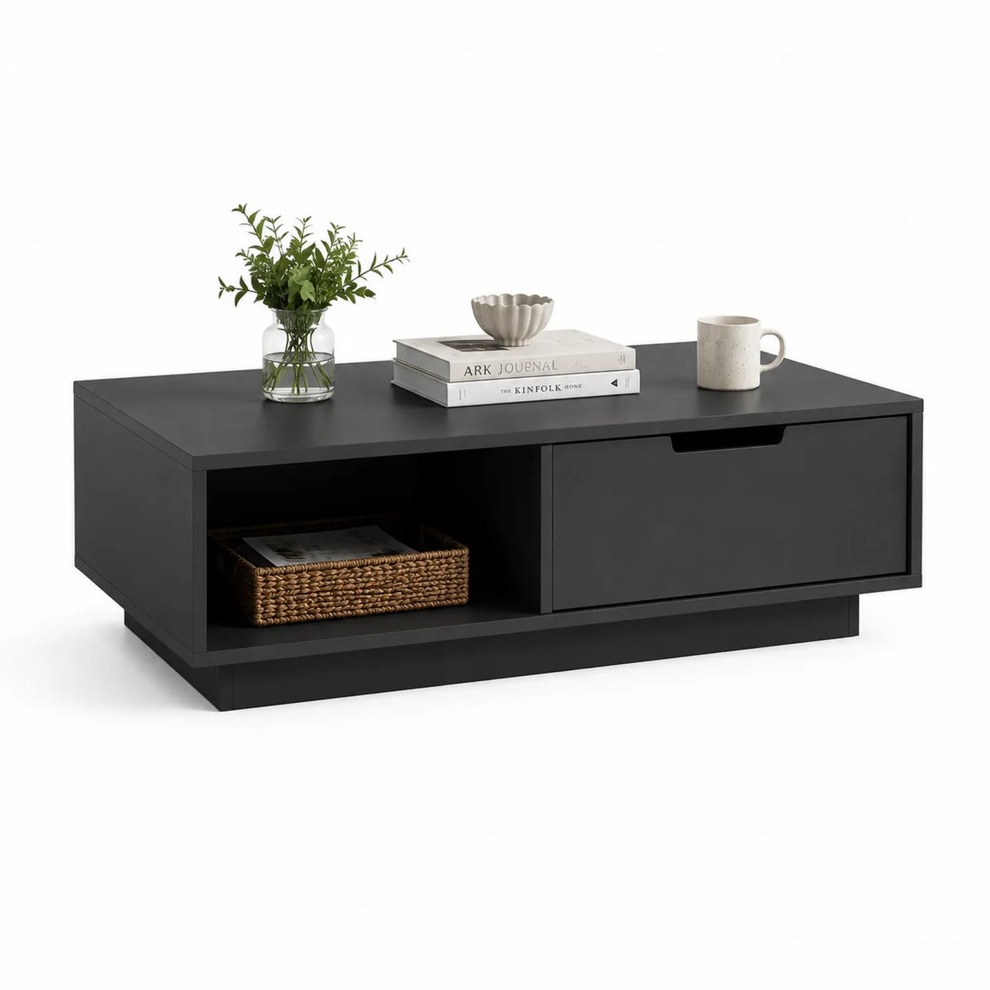 Stolik kawowy prostokątny 110 x 60 x 40 cm z MDF czarny z szufladą i otwartą półką