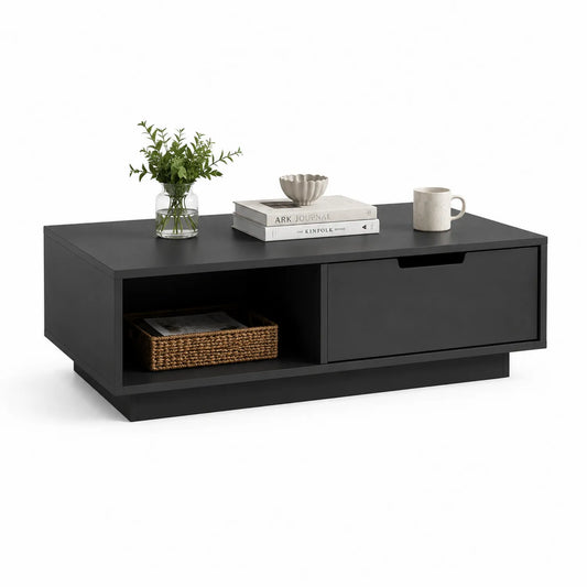 Stolik kawowy prostokątny 110 x 60 x 40 cm z MDF czarny z szufladą i otwartą półką