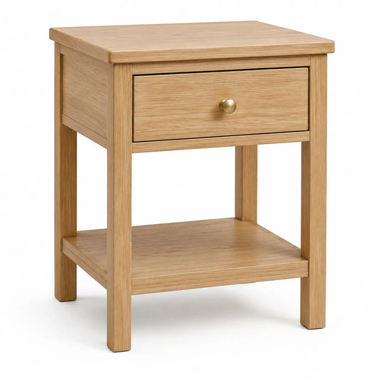 Szafka nocna 45 cm x 35 cm x 60 cm MDF i drewno naturalne 1 szuflada otwarta półka złoty uchwyt prostokątna