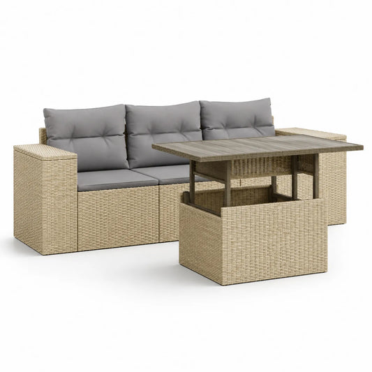 Zestaw mebli ogrodowych sofa prosta technorattan 210 cm beżowy szary aluminium PE rattan stolik kawowy WPC 70x70x40 cm ze schowkiem