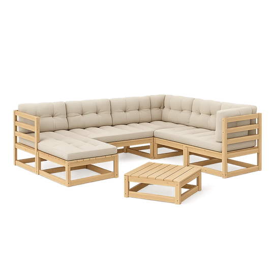 Zestaw mebli ogrodowych sofa narożna L 220 cm x 160 cm drewno akacjowe beżowe poduszki stolik kawowy drewniany 60 cm x 60 cm x 35 cm