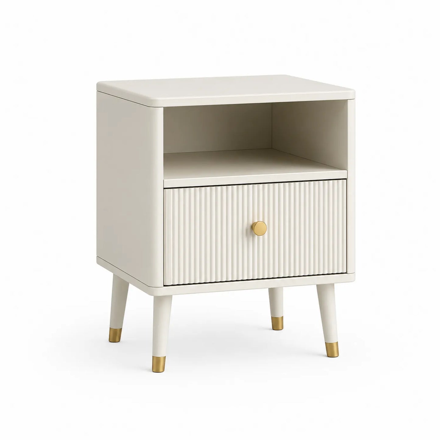 Szafka nocna MDF okleina kremowa złote nóżki 1 szuflada 1 półka 45 cm x 40 cm x 55 cm prostokątna
