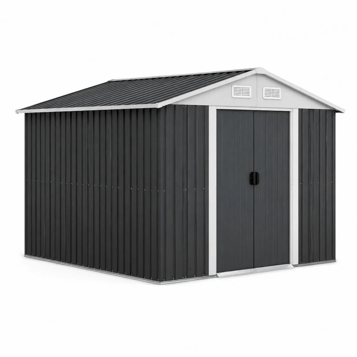 Szopa ogrodowa metalowa stalowa 300x240x210 cm antracytowa z dwuspadowym dachem i wentylacją drzwi dwuskrzydłowe