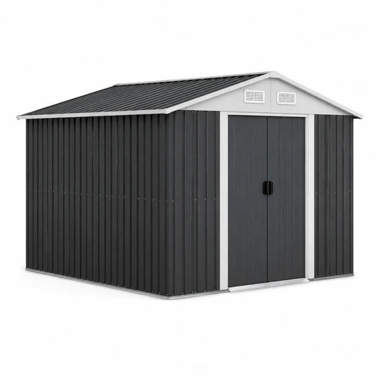 Szopa ogrodowa metalowa stalowa 300x240x210 cm antracytowa z dwuspadowym dachem i wentylacją drzwi dwuskrzydłowe