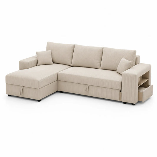 Sofa narożna modułowa z szezlongiem 260 x 170 x 85 cm beżowa tkanina poliestrowa drewniana rama L-kształtna
