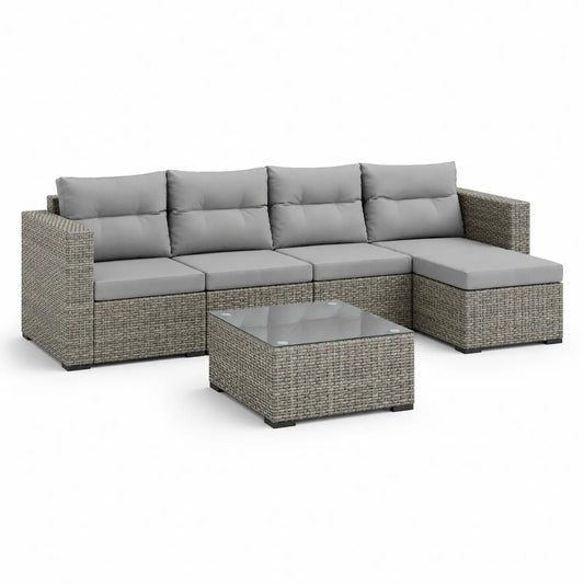 Zestaw mebli ogrodowych sofa narożna modułowa 240 x 180 x 70 cm z technorattanu ze stolikiem kwadratowym ze szklanym blatem szary jasnoszary