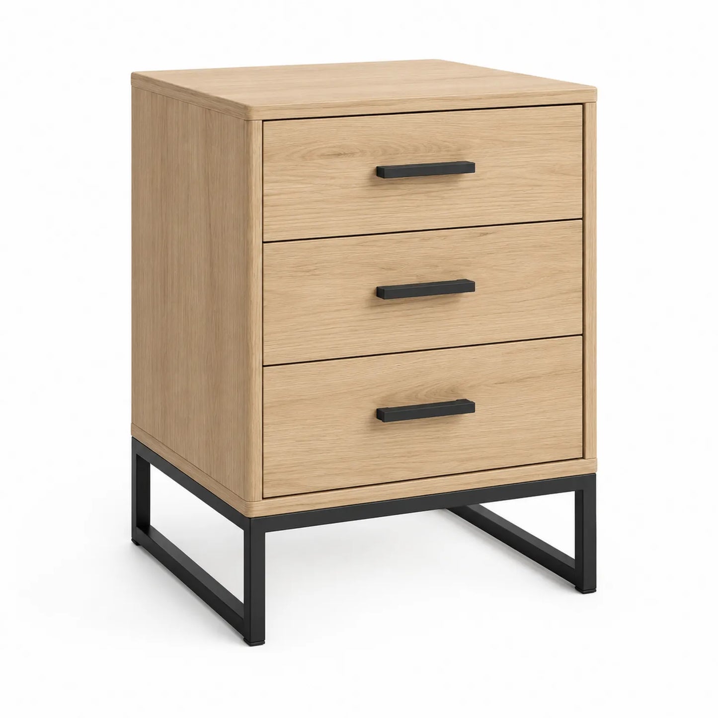 Szafka nocna MDF jasny dąb czarna stalowa podstawa 3 szuflady 45 cm x 35 cm x 65 cm prostokątna