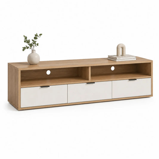 Szafka RTV 180 cm x 40 cm x 50 cm MDF laminowany beżowy dąb ryflowane fronty otwarte półki drzwi boczne
