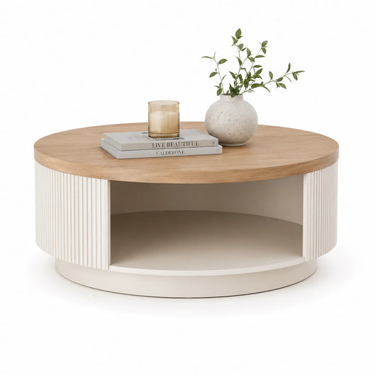 Stolik kawowy okrągły 80 cm x 80 cm x 40 cm MDF dąb naturalny beżowy ryflowana podstawa z otwartą półką