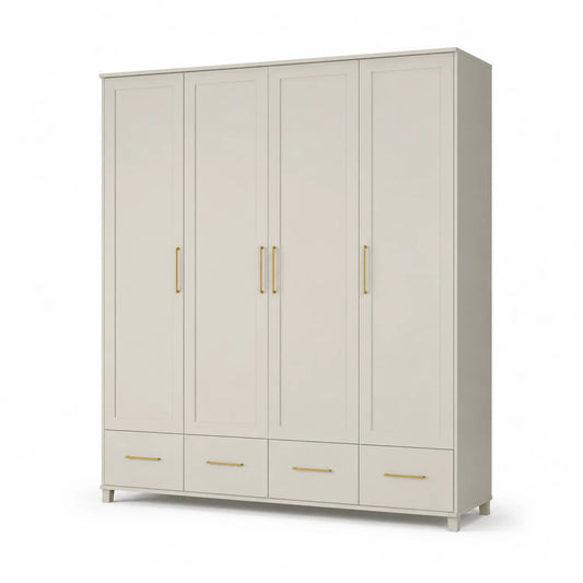 Szafa garderoba 200 x 200 x 55 cm MDF beżowa czterodrzwiowa z szufladami złote uchwyty prostokątna