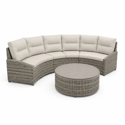 Zestaw mebli ogrodowych sofa modułowa półokrągła rattan PE z okrągłym stolikiem beżowo szary