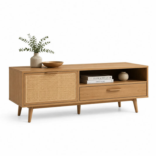 Szafka RTV 160 cm x 40 cm x 50 cm MDF dąb naturalny rattanowe fronty drewniane nogi prostokątna z szufladą i półką