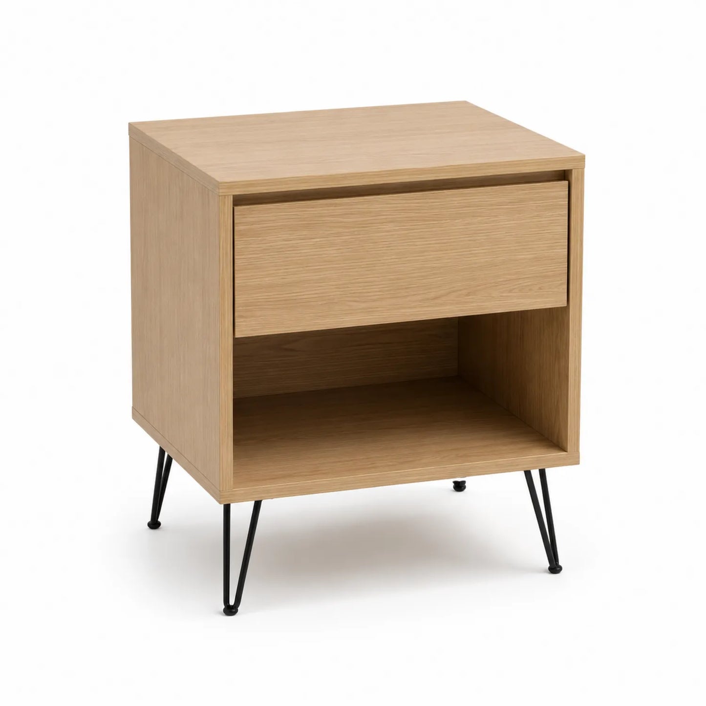 Stolik boczny 45 x 35 x 55 cm MDF dąb naturalny z szufladą i metalowymi nogami czarnymi