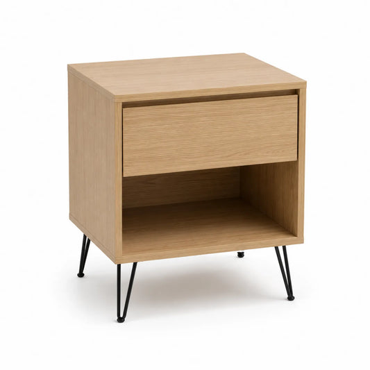Stolik boczny 45 x 35 x 55 cm MDF dąb naturalny z szufladą i metalowymi nogami czarnymi