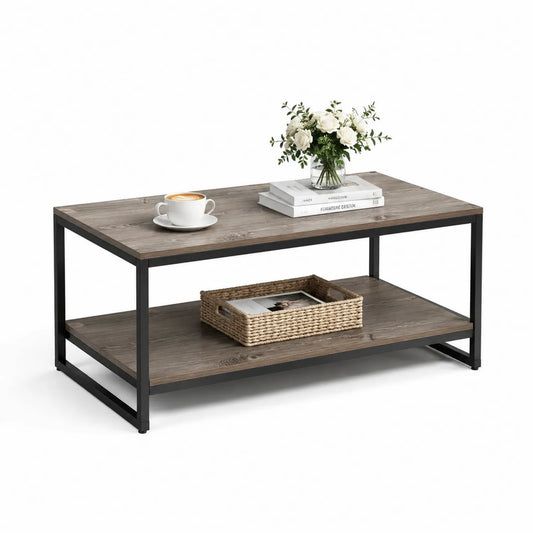 Stolik kawowy prostokątny 110 cm x 60 cm x 45 cm MDF dąb ciemny czarna metalowa rama z dolną półką