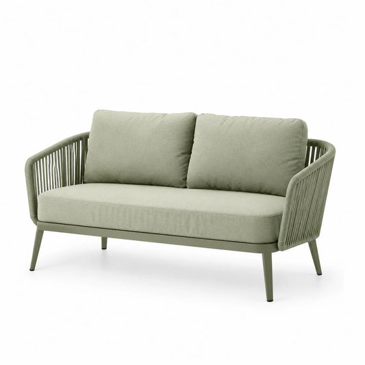 Sofa ogrodowa dwuosobowa lina pleciona stalowa konstrukcja rattan PE oliwkowa zieleń beżowe poduszki bez danych o wymiarach