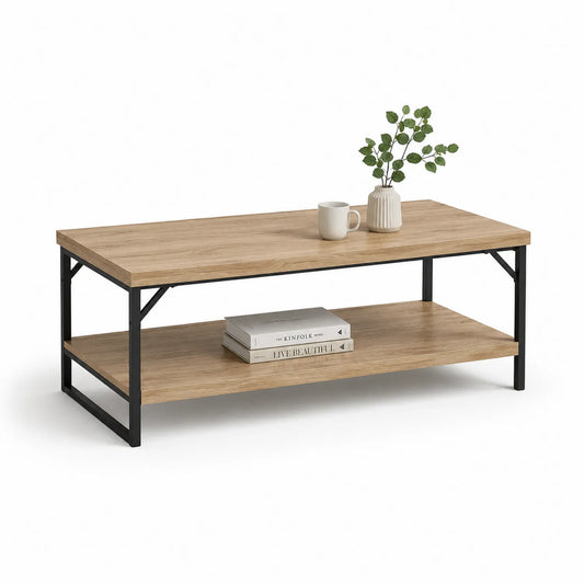 Stolik kawowy prostokątny 110 cm x 60 cm x 45 cm MDF dąb naturalny czarna metalowa rama z dolną półką