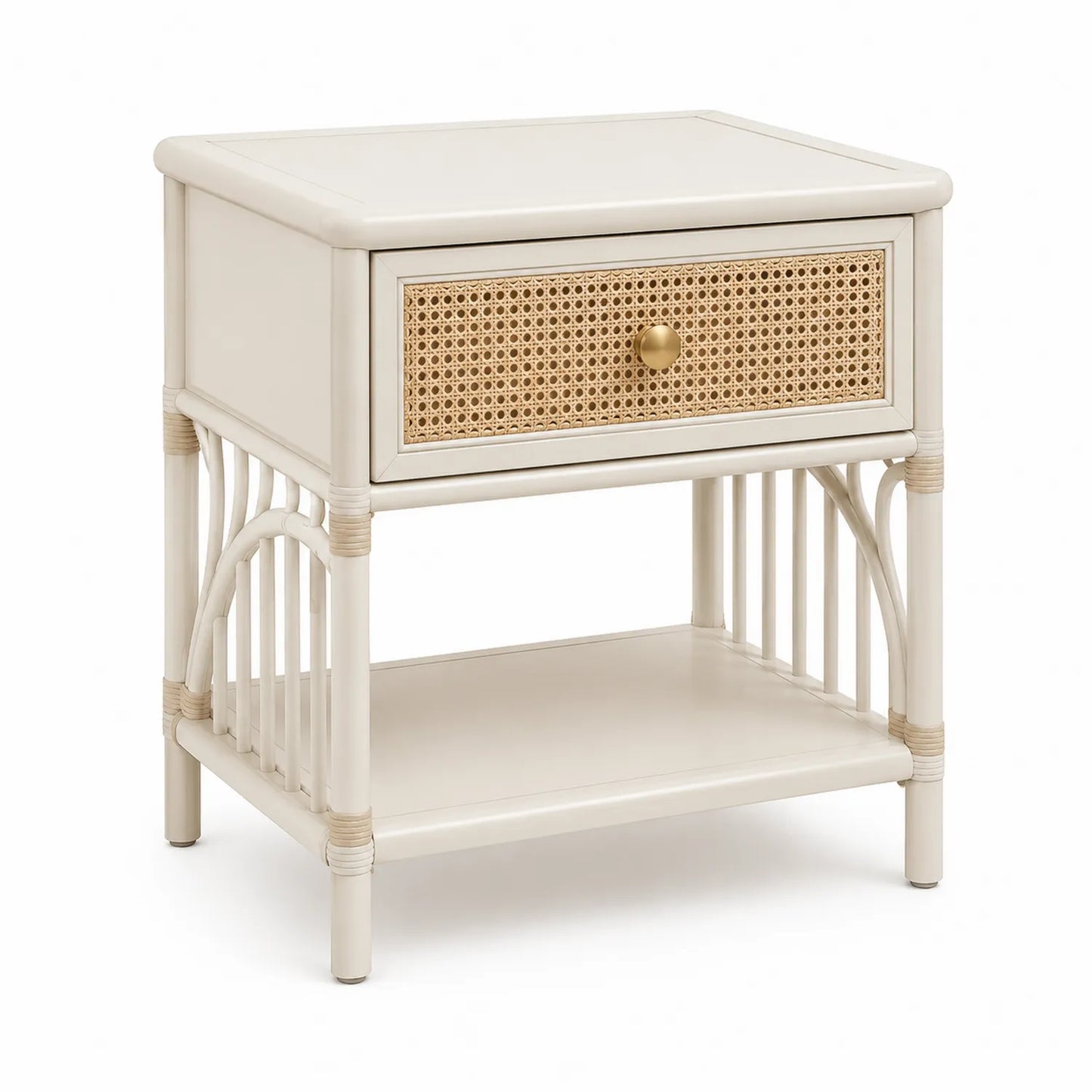 Szafka nocna MDF kremowa rattanowa 45 cm x 35 cm x 60 cm 1 szuflada 1 półka prostokątna złoty uchwyt