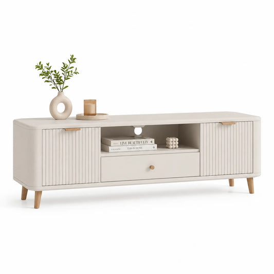 Szafka RTV stojąca 180 x 40 x 50 cm MDF beżowa ryflowane fronty drewniane nogi z szufladą i otwartą półką