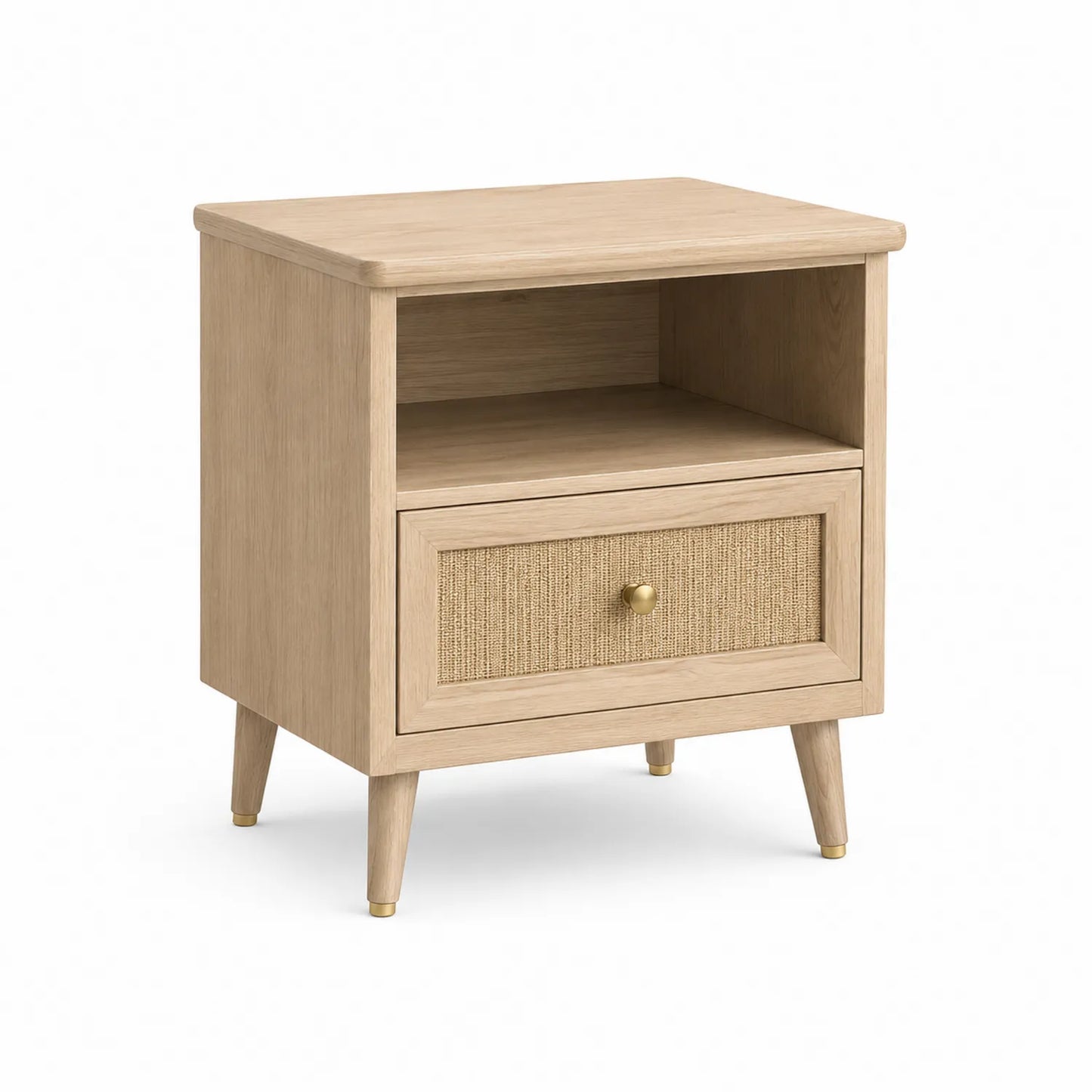 Szafka nocna prostokątna 45 x 40 x 55 cm z MDF jasny dąb beżowy front z plecionki papierowej złoty uchwyt