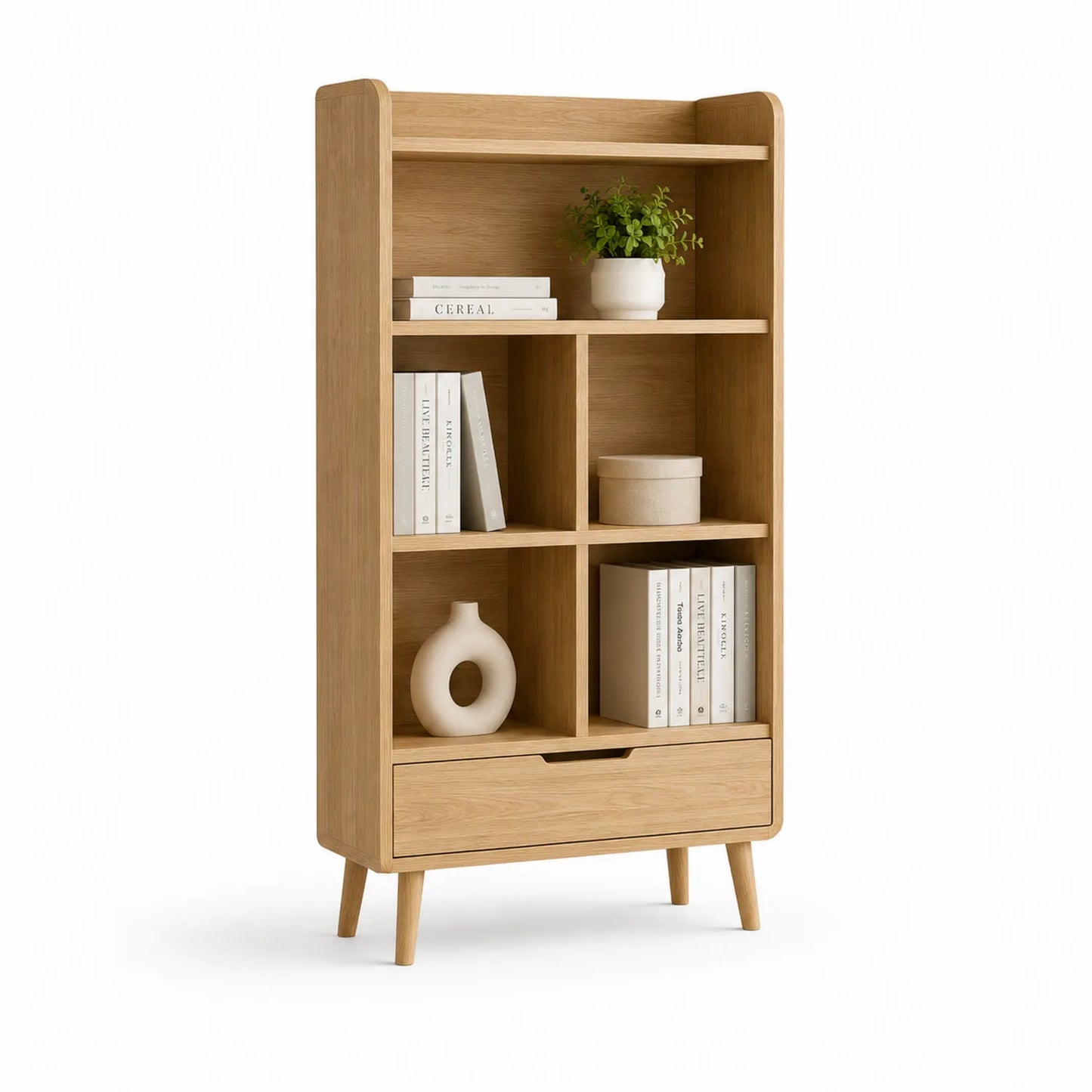Regał stojący 80 x 30 x 120 cm z MDF w kolorze dębu naturalnego otwarte półki dolna szuflada drewniane nogi