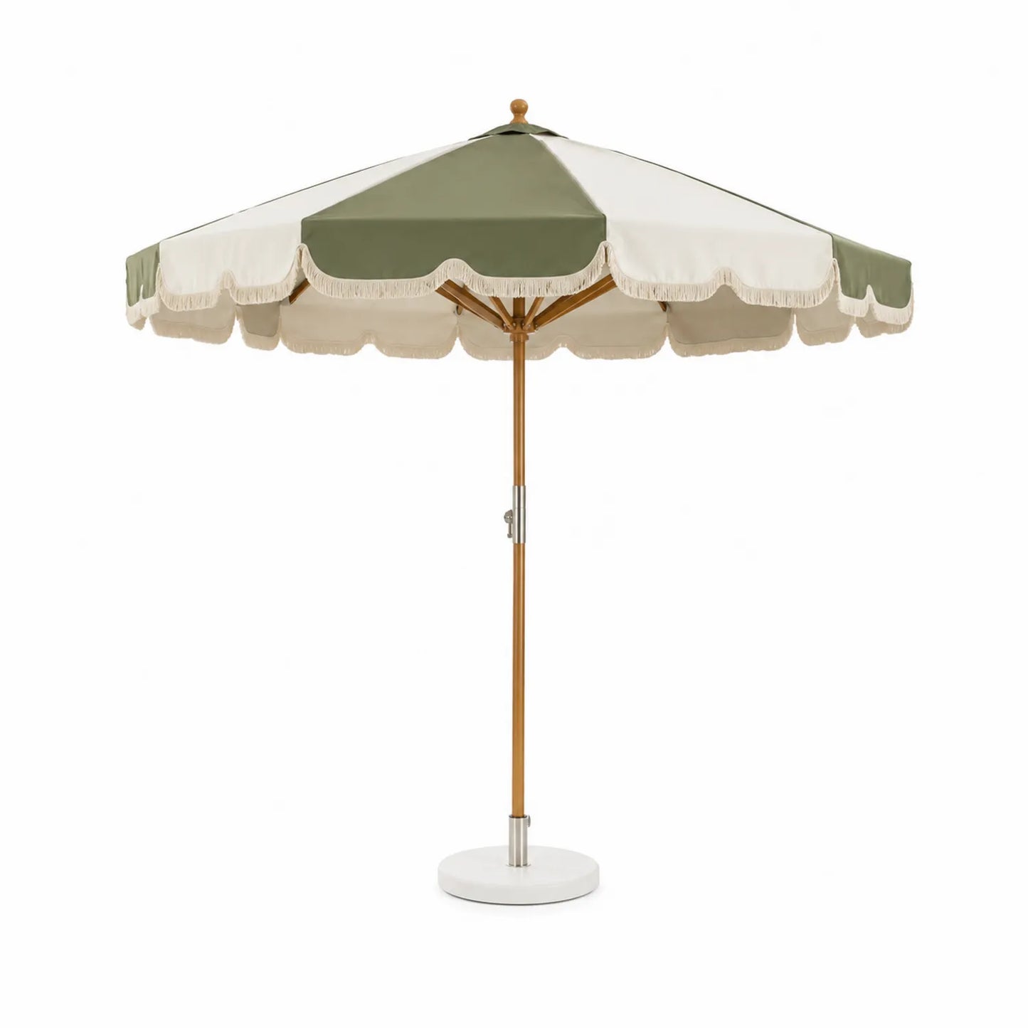 Parasol ogrodowy klasyczny 300 cm zielony beżowy tkanina poliester drewniany maszt okrągła podstawa z frędzlami