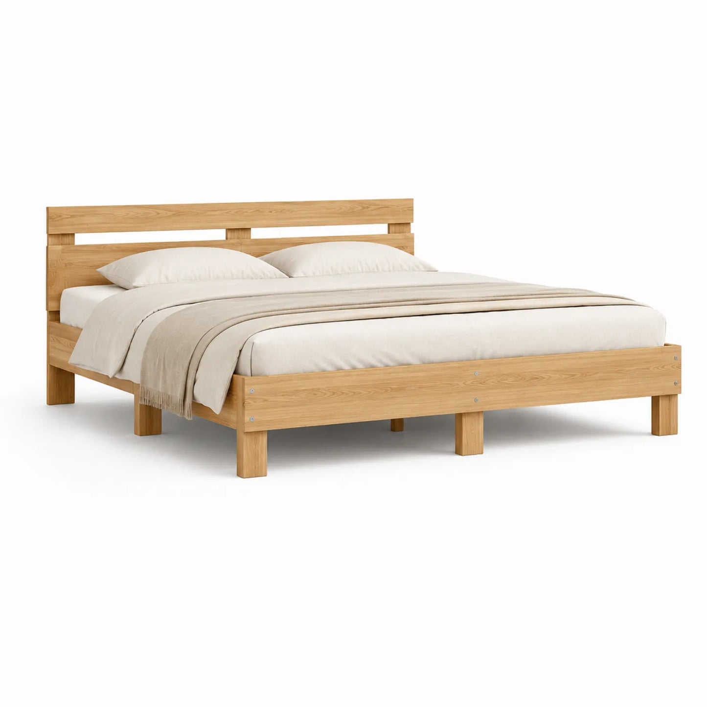 Łóżko drewniane 160 cm x 200 cm rama lite drewno naturalny dąb z listwowym zagłówkiem i stelażem