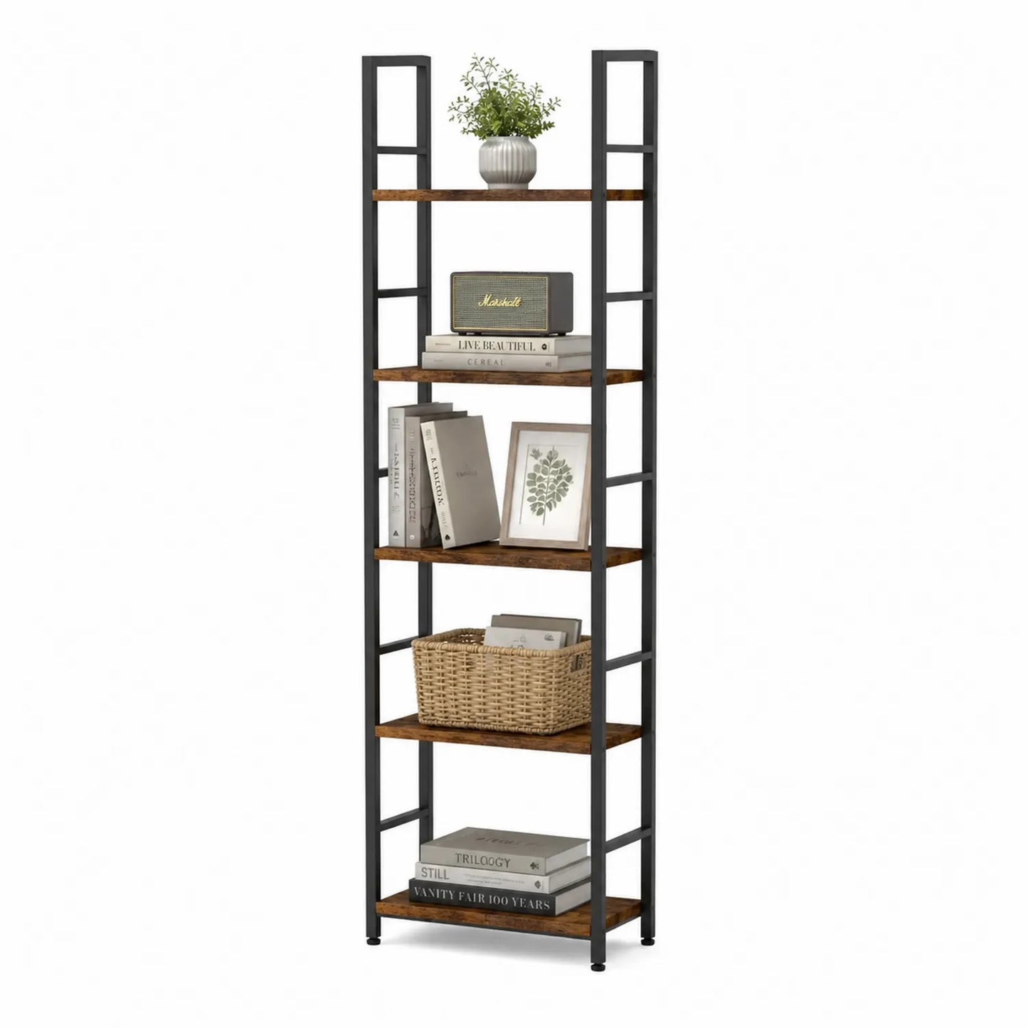 Regał stojący 170 cm x 60 cm x 30 cm stalowa rama MDF czarny orzechowy 5 poziomów otwarty prostokątny